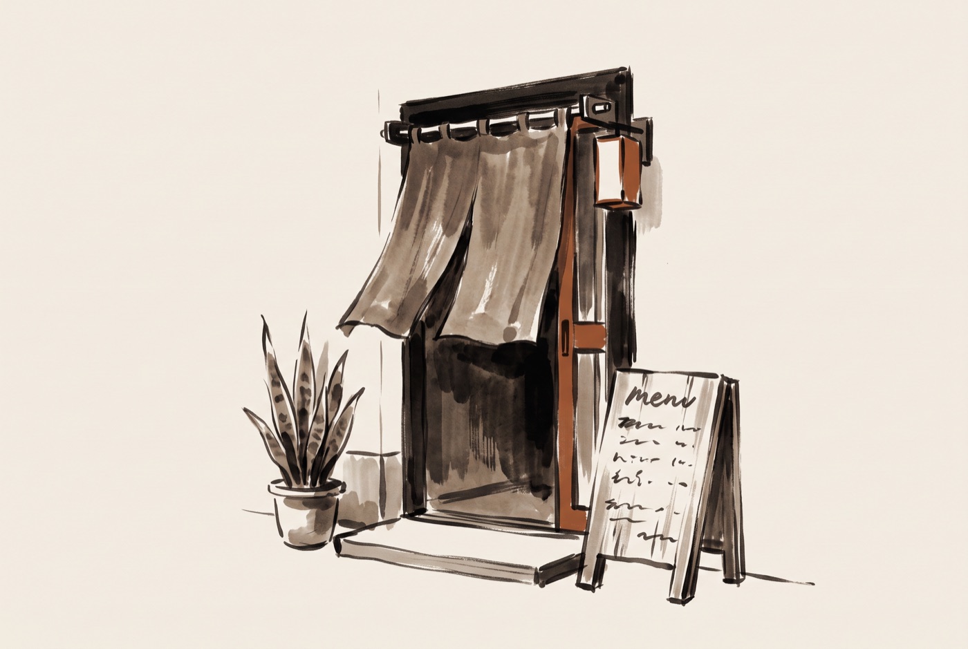 流山の小さな店先。のれんと鉢植えの墨絵